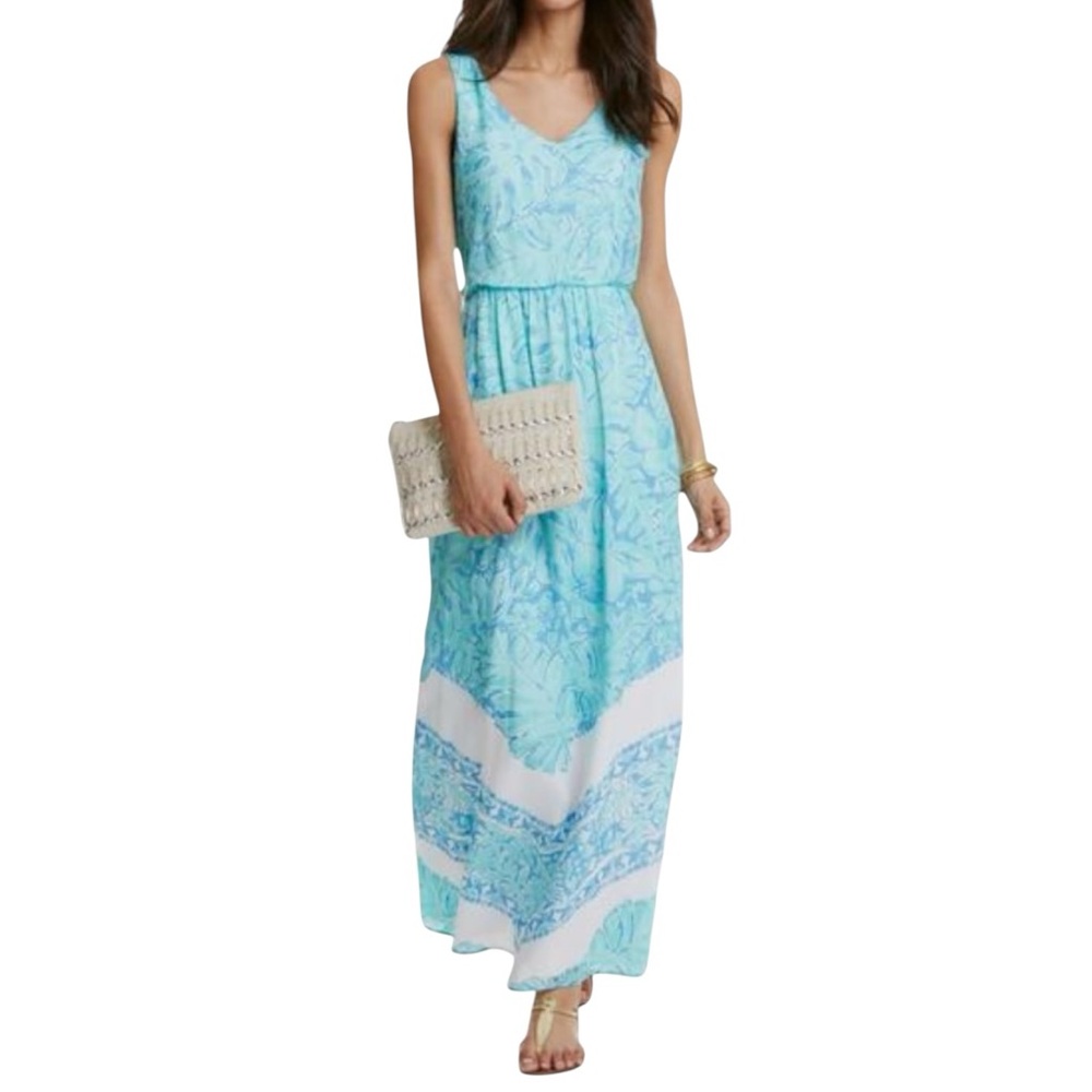 Vineyard Vines 100% Silk Aqua Blue & White Sleeveless Floral Print Maxi Dress